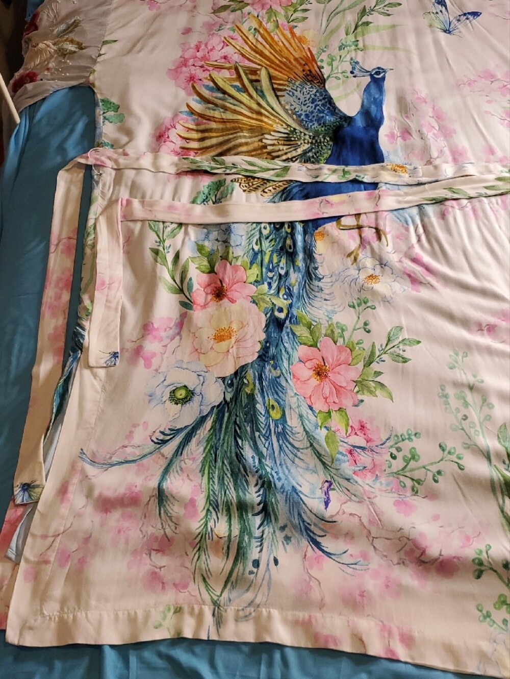 Aratta Satin Peacock Kimono Robe in Blue, Green, Pink - Picture 10 of 10